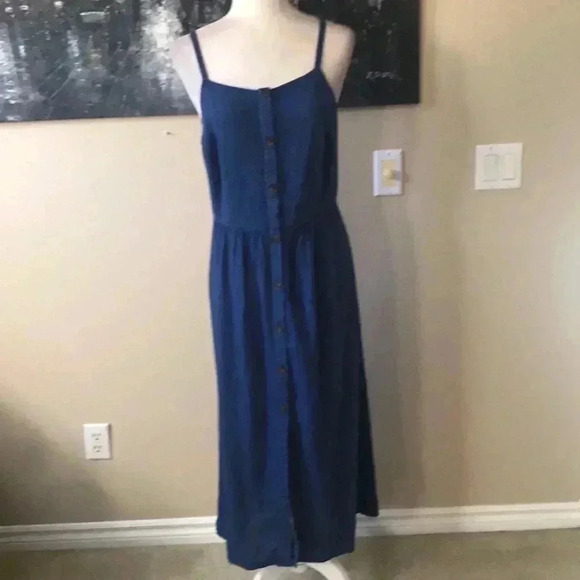 Linen Blend Denim Button Front Tank Dress Adjustable Strap Elastic Back-Size L - Picture 1 of 8